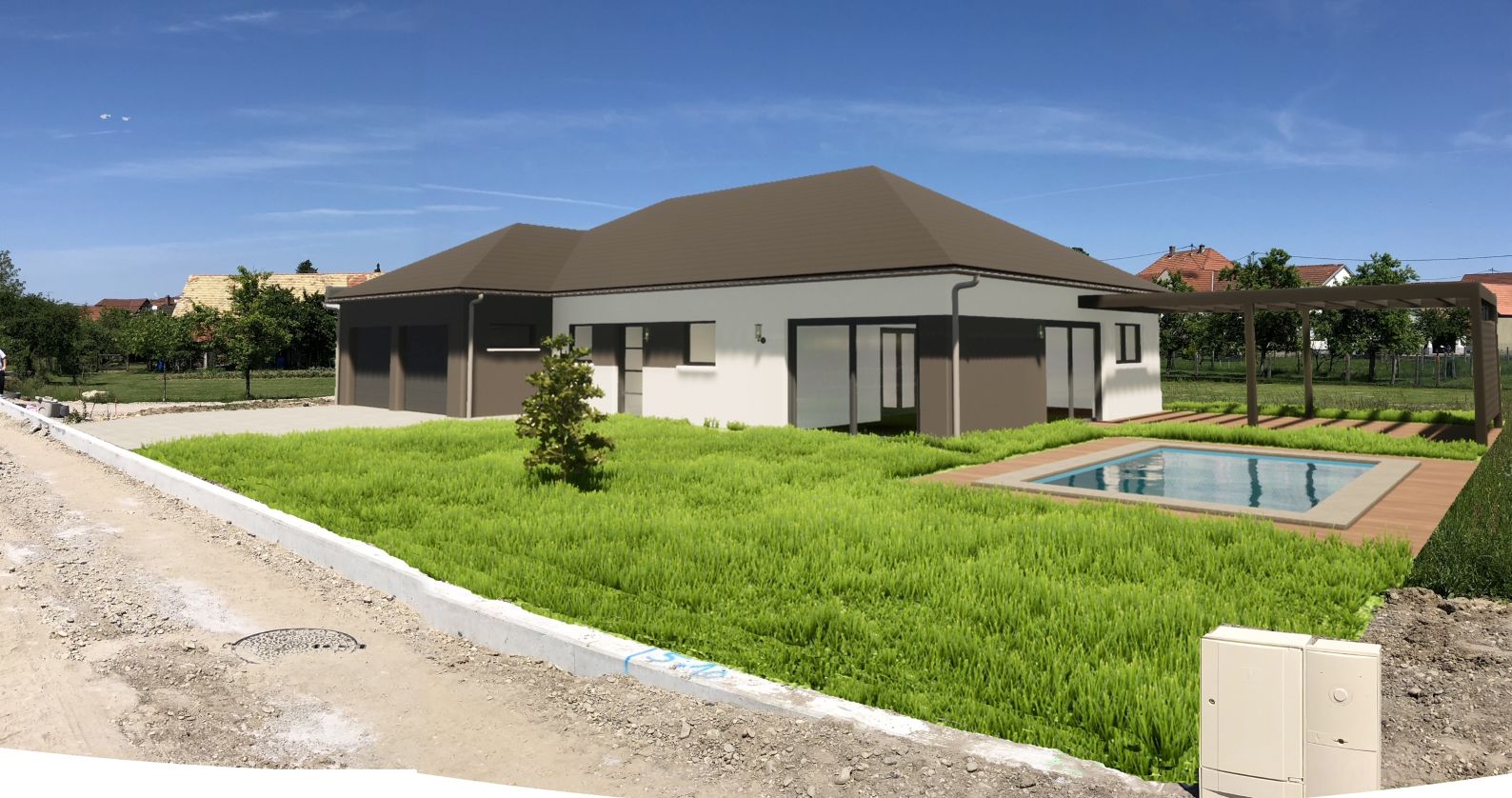 Projection 3D d'une maison de plain-pied avec piscine exterieure en Alsace - Maisons Barberousse